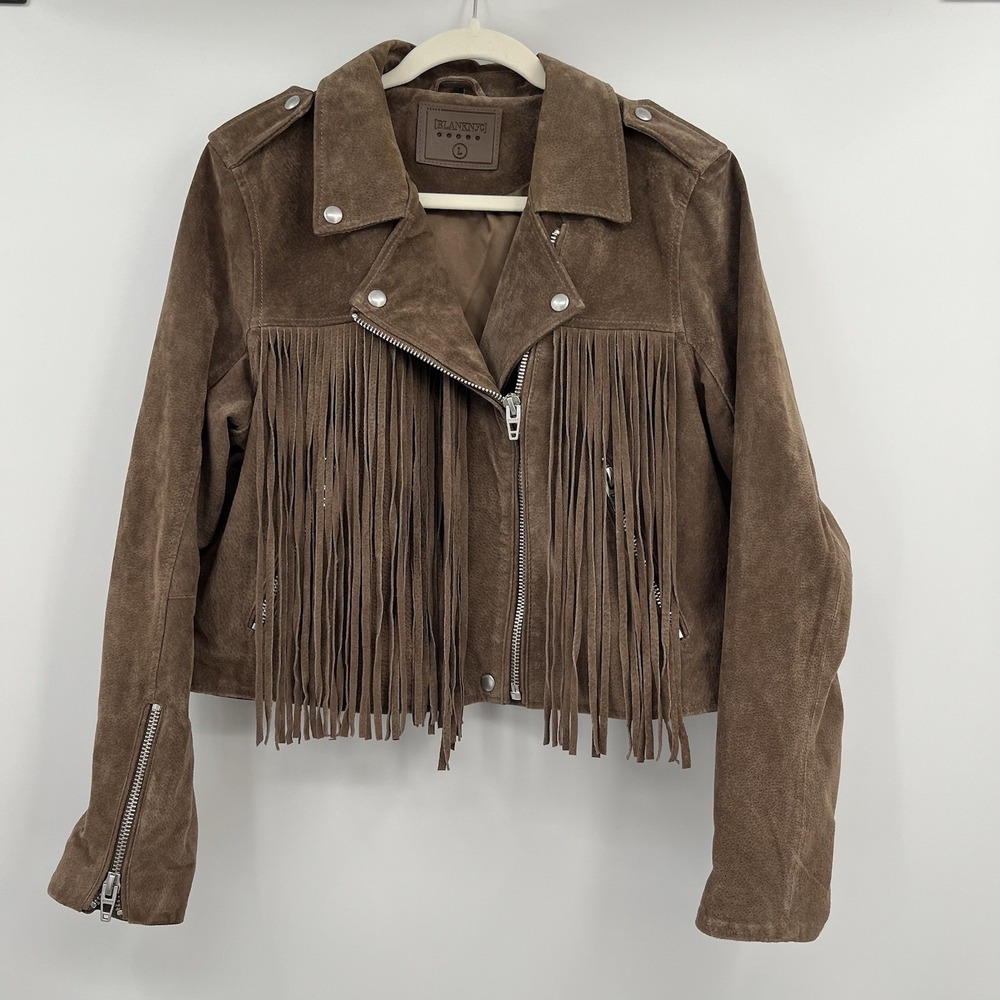 Women's Suede Jacket Leather Fringe Western Blank NYC Boho M Brown